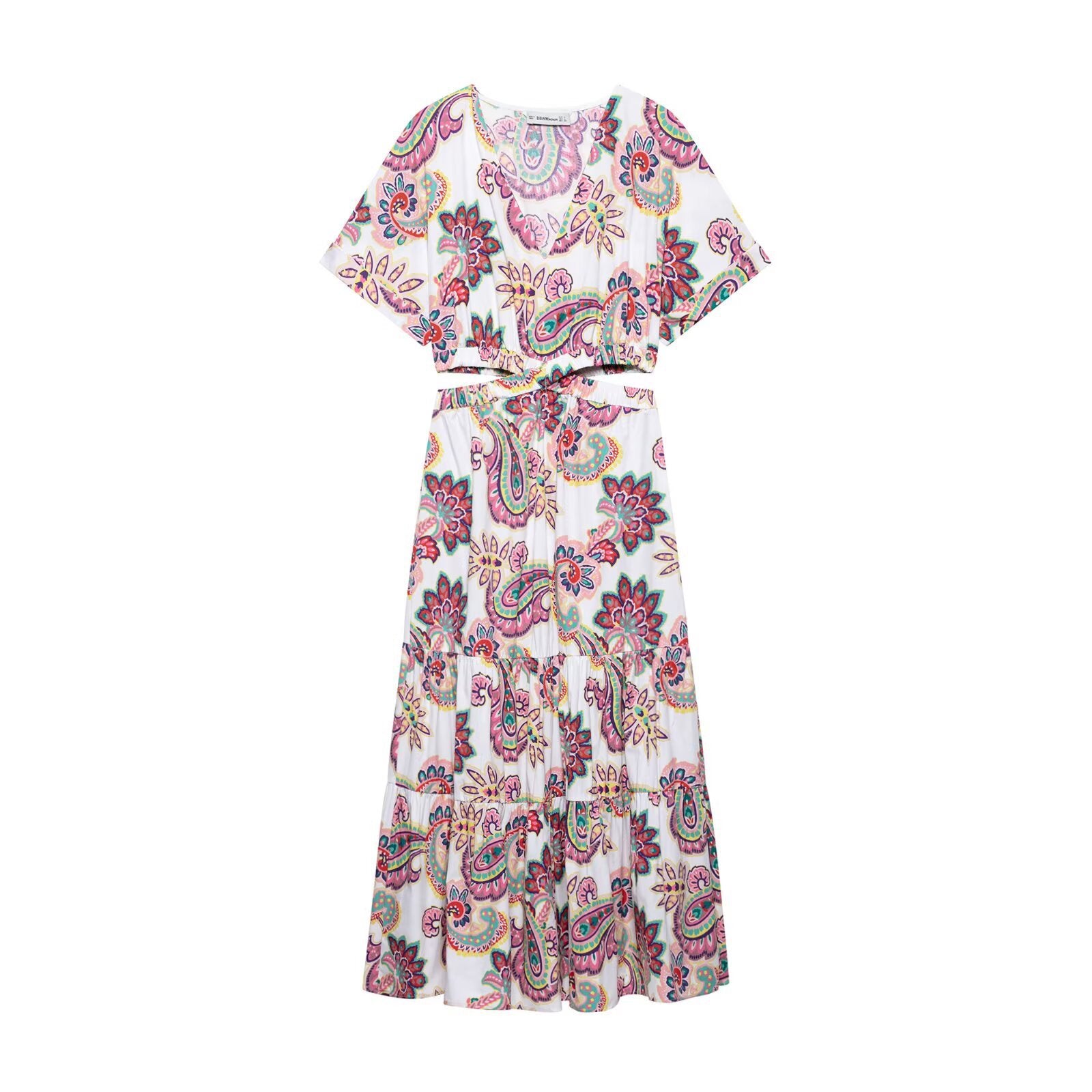 V-neck hollow waist printed poplin dress