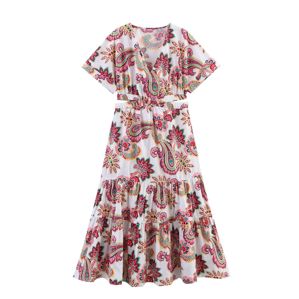 Waist hollow print splicing mid length dress for women
