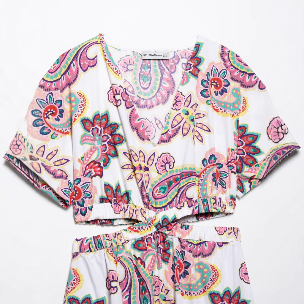 V-neck hollow waist printed poplin dress