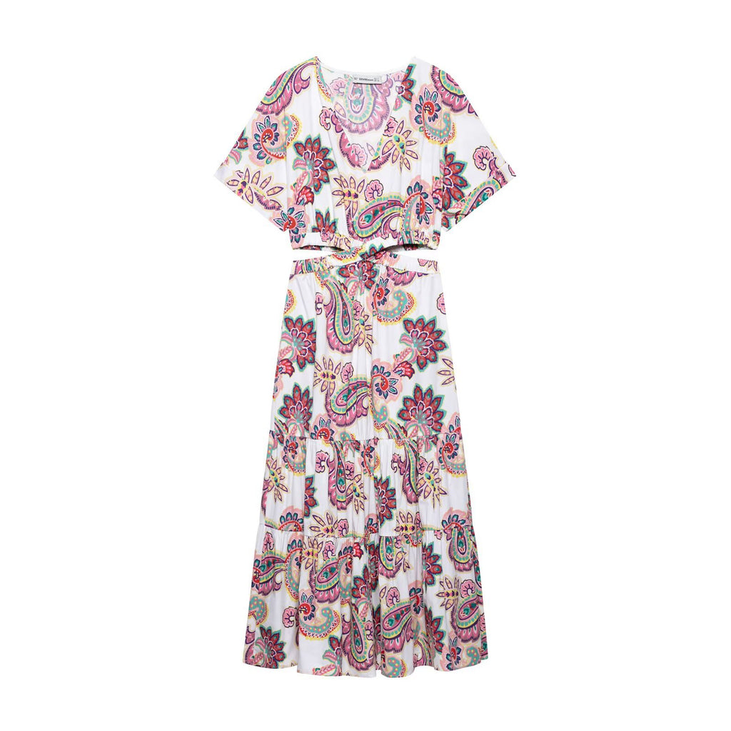 V-neck hollow waist printed poplin dress